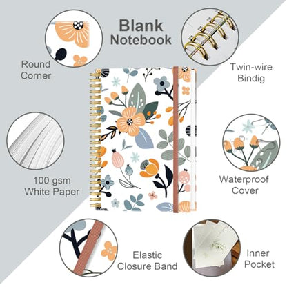 A5 Blank Notebook - 70 Sheets/140 Pages Blank Paper Notebook, 100 GSM Thick White Paper, 5.8" x 8.3" Spiral Blank Journal, Flowers - size: 1-Pack, style: Flowers