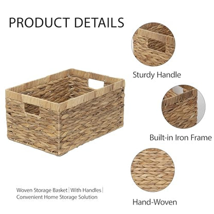 Storage Baskets,Woven Natural Water hyacinth Box with Handle,Kingwillow.(Set of 3) - size: Set of 3