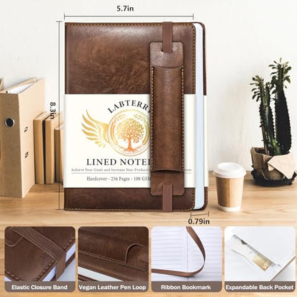 Lined Journal Notebook for Women Men, 256 Pages, Medium 5.7 in x 8.3 in - 100 GSM Thick Paper – Hardcover Leather Journals for Writing, Work, School, Note Taking, Diary Notepad, Dark Brown - color: Dark Brown