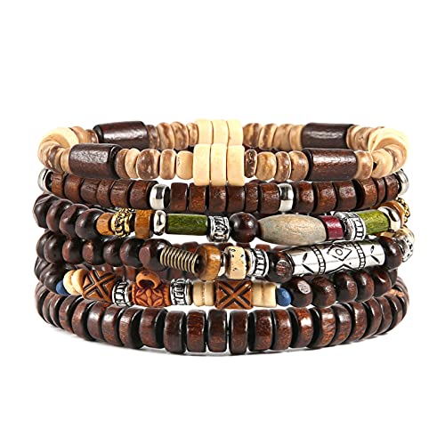 HZMAN Wrap Bracelets Men Women, Hemp Cords Wood Beads Ethnic Tribal Bracelets, Leather Wristbands - style: Bohemian