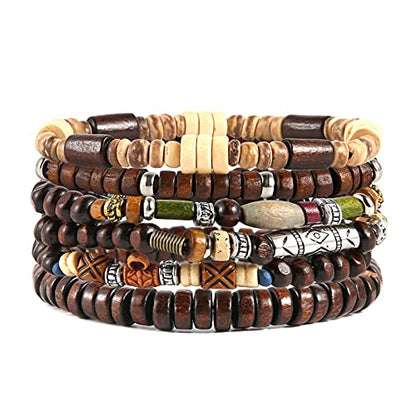 HZMAN Wrap Bracelets Men Women, Hemp Cords Wood Beads Ethnic Tribal Bracelets, Leather Wristbands - style: Bohemian
