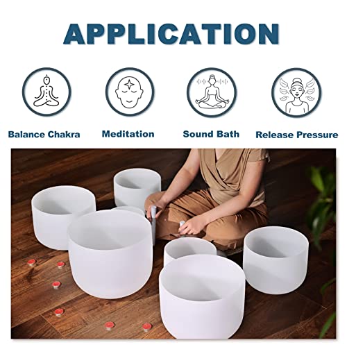 432HZ 8-14 Inch Set of 7 Pcs Frosted Chakra Quartz Crystal Singing Bowl Set for Sound Healing with Heavy Duty Carrying Cases