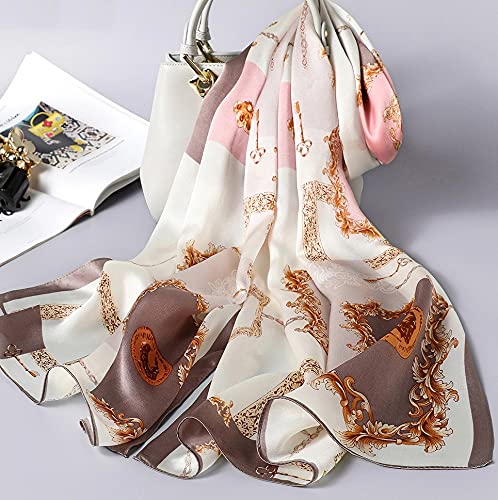 100% Mulberry Silk Long Scarf for Women Large Shawls for Headscarf and Neck- Oblong Hair Wraps with Gift Packed - color: Chains-pink&gray