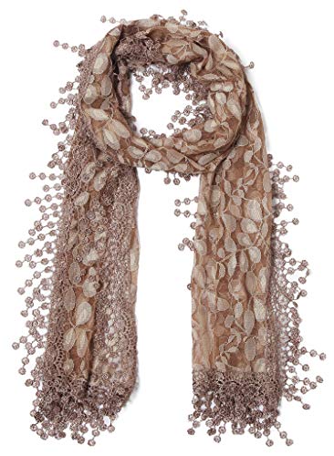 Cindy and Wendy Lightweight Soft Leaf Lace Fringes Scarf Bridal Veils shawl for Women - color: Brown