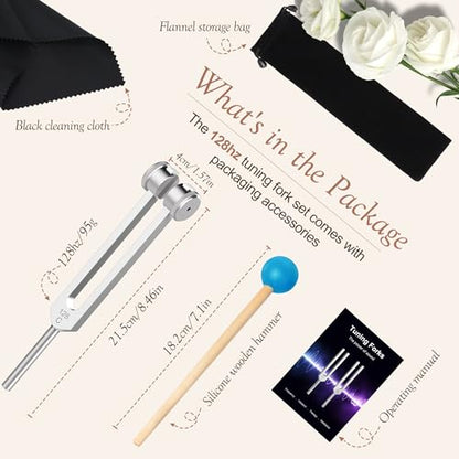 128 Hz Weighted Tuning Fork, Aluminum Alloy Sound Healing Tool for Yoga Meditation Relaxation, C128 Frequency with Silicone Hammer, Storage Bag, Cleaning Cloth - size: 128hz
