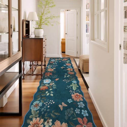 Lahome Floral Hallway Runner Rug Non Slip, 2'6''x10' Washable Runner Soft Ultra-Thin Soft Runners for Hallways, Kitchen Distressed Carpet for Entryway Bathroom Flore (Navy Blue) - color: Navy Blue, size: 2.6' x 10'（Runner）