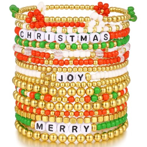 16 PCS Gold Bead Pearl Bracelet for Women, Gold Plated Beaded Strand Bead Ball Bracelets stack Adjustable Jewelry Set for Gifts - color: 04-GOLD