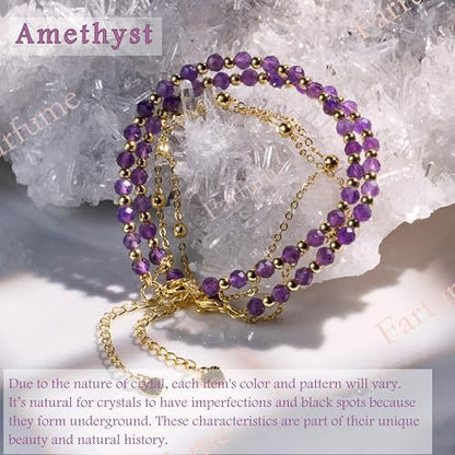Farfume Crystal Bracelet Beaded Bracelets 4mm Natural Stone Beads Gemstone Handmade Jewelry Gift for Women - color: Amethyst-Clarity & Awareness