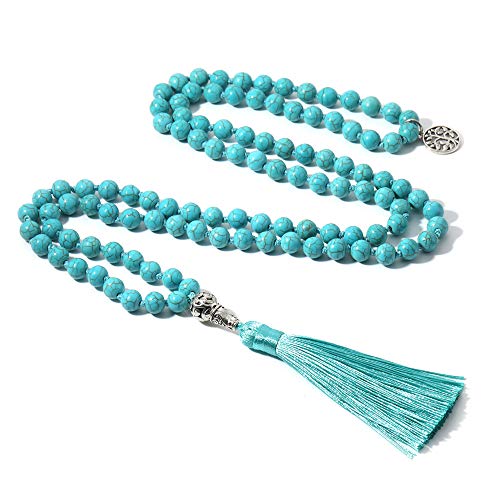 108 Mala Beads Necklace Semi-Precious Gem Stones Meditation Necklace 108 Hand Knotted Japa Mala Beaded Tassel Necklace with Tree of Life Pendant - color: Natural Turquoise