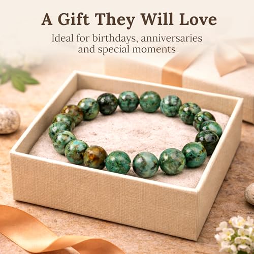 Elm City Direct 8mm Natural Stone Beaded Bracelet – Unisex Crystal Stretch Bracelets for Men & Women, Chakra & Healing Jewelry, Gift-Ready Beaded Bracelets - color: African Turquoise