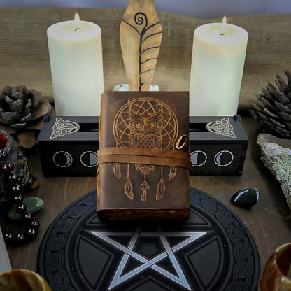 Urooj Handicraft 400 Page Book Of Shadows journal blank dream catcher with owl leather witchcraft books grimoire spell sketchbook college poetry personal notebooks (Owl 2) - color: Owl 2