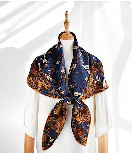 ANDANTINO 100% Silk Scarf 43" Large Square Lightweight Headscarf& Shawl–Women Hair Wraps-With Gift Packed - color: Blue-flower&birds