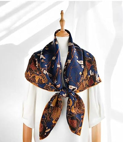 ANDANTINO 100% Silk Scarf 43" Large Square Lightweight Headscarf& Shawl–Women Hair Wraps-With Gift Packed - color: Blue-flower&birds