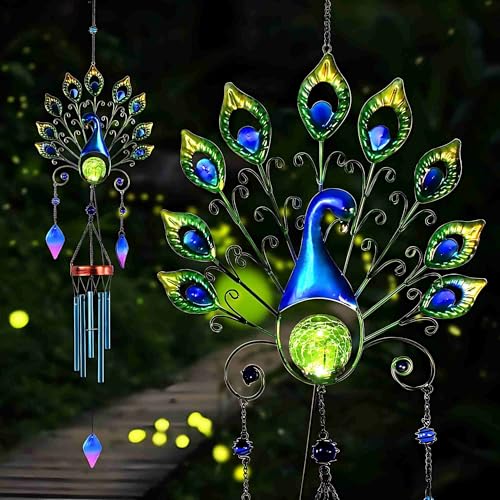 Pearlstar Solar Wind Chimes Outdoor, Gifts for Mom Women, 53.5" Large Metal Peacock Wind Chimes Light with Crackle Glass Ball, Waterproof for Garden Patio Yard Home Decor