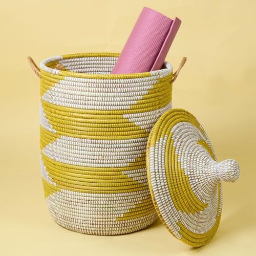 Medium Yellow Basket - Organize Bedroom, Living Room, Nursery - Laundry Hamper, Toy Bin, Blanket Storage, Towels Holder - Decorative, Boho Style - Wicker, Woven, Lid, Handles - size: Medium