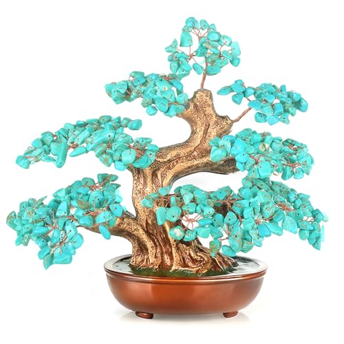 Howlite Turquoise (360 Large Beads) Crystal Tree Bonsai – Throat Chakra Healing Tree of Life, Feng Shui Positive Energy Decor for Home Office & Meditation Spaces 8'' - color: Turquoise Tree With 360 Large Beads