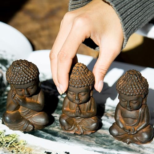 Mini Meditation Buddha Ornament, Solid Cast Iron Figurine, Outdoor Garden Decor Sculpture, Feng Shui Artwork for Home Living Room (Natural Rust,3)