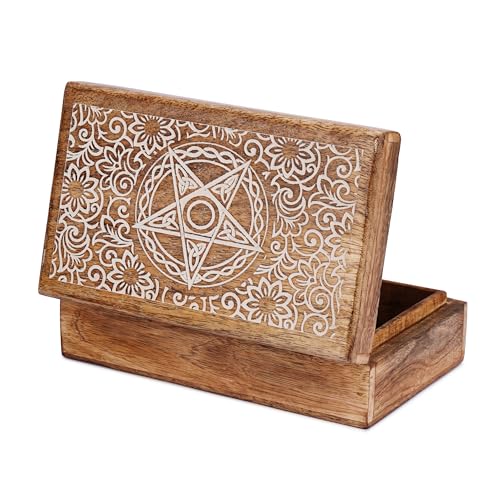 Ajuny Handmade Wooden Decorative Storage Box Star Floral Pattern Multipurpose Keepsake Treasure Chest Box for Memory Cards, Watches, Jewlery and Small Accessories Gift for Men and Women - 8X5 Inch - style: Star Floral