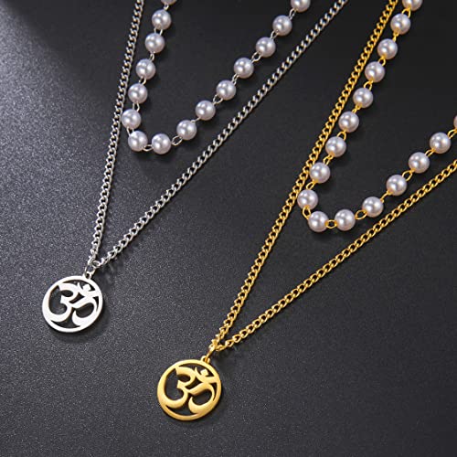 UNIFT Necklace For Women- Aum Om Ohm Sanskrit Symbol Round Pendant Beaded Double Layer Chain Charm Necklace,Hinduism Yoga Sanskrit Personalized Amulet Dainty Pendant Necklace Jewelry - color: pearl chain - silver