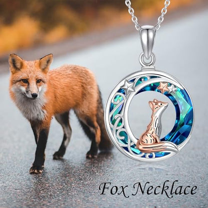Sterling Silver Cute Animal Pendant Necklace Fox/Snake/Unicorn/Owl on Moon/Rabbit/Horse Necklace Jewelry for Women Mom Sister - style: Fox Blue Crystal