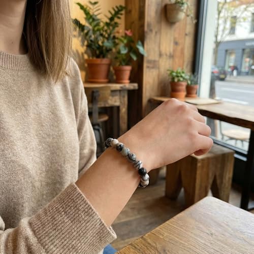 Natural Stone Beaded Bracelets for Women Men - 8MM Semi-Precious Stones Bracelets Adjustable Crystal Beads Stretch Bracelet - color: Black Picasso Jasper