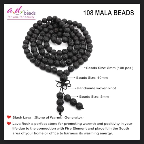 AD Beads 6mm 8mm 108 Prayer Mala Jasper Elastic Bracelet - Handmade Yoga Meditation Healing Power Energy Gifts for Unisex Adult. - color: Black Lava(Warmth)