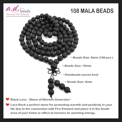 AD Beads 6mm 8mm 108 Prayer Mala Jasper Elastic Bracelet - Handmade Yoga Meditation Healing Power Energy Gifts for Unisex Adult. - color: Black Lava(Warmth)