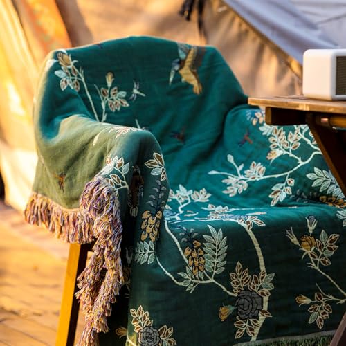 Snycler Boho Throw Blanket for Bed - 100% Cotton Ultra Soft Rustic Quilt Green Hummingbird Printed Farmhouse Decor Bed Blankets,60"×80" All Season Rustic Throw for Sofa Couch Chair - color: Green Hummingbird, size: 60"x80"