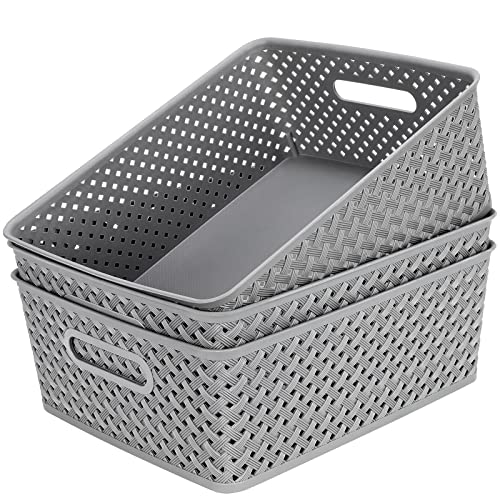 MaxGear Organization and Storage 3 Packs, Plastic Bins Organizer Bins, Woven Baskets for Storage, Plastic Baskets with Handles, Grey Basket for Organizing, Basket Organizer for Home and Office, Large - color: Grey, size: Large