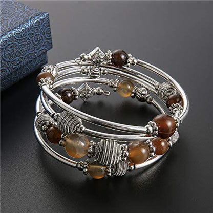 PEARL&CLUB Beaded Chakra Bangle Turquoise Bracelet - Fashion Jewelry Wrap Bracelet with Thick Silver Metal and Mala Beads, Birthday Gifts For Women