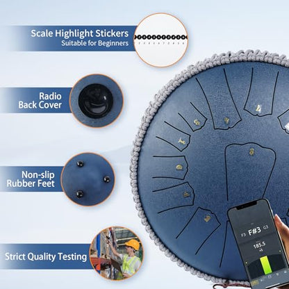 Steel Tongue Drum 13 INCH 15 NOTES, Rain Drum for Outside Garden, Rain Chime Chakra Drum, Hand Pan Musical Instrument Gift with Bag for Adult, Mallets for Meditation Yoga (Navy, D key) - color: Navy