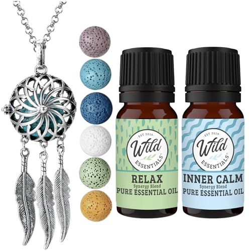 Wild Essentials Dream Catcher Essential Oil Diffuser Necklace Gift Set with Inner Calm & Relax Oils – Nickel Free Alloy Pendant with 6 Lava Stones – USA Made Oils & Perfume Necklace – Family Company - color: Silver Dreamcatcher, size: 2 Oils