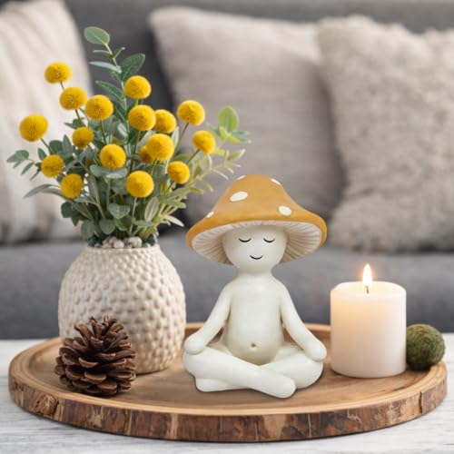 Meditation Mushroom Statue Yoga Mushroom Figurine Tabletop Decor for Home Shelf Office Coffee Table Garden Yard Patio Meditation Sculpture Gift for Women Friends Mom Decoration - color: Dark Yellow