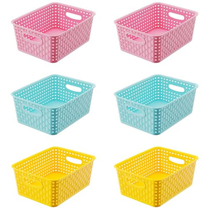 Colorful Small Plastic Storage Woven Baskets, 6 Pack Versatile Shelf Organizer Weave Baskets for Classrooms, Children's Rooms & Pantries, Pink/Yellow/Blue-10x7.5x4 inch
