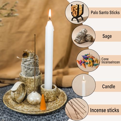 MOUGIGI 5.1Inch 5-in-1 Ceramic Smudge Bowl Brown - Incense Stick Holder, Small Candle Holder, Smudge Bowl/Dish, Fits Palo Santo, Sage.Zen Altar for Meditation/Yoga, Aromatic Scents, Easy to Clean - color: Multifunctional Palo Plate-brown