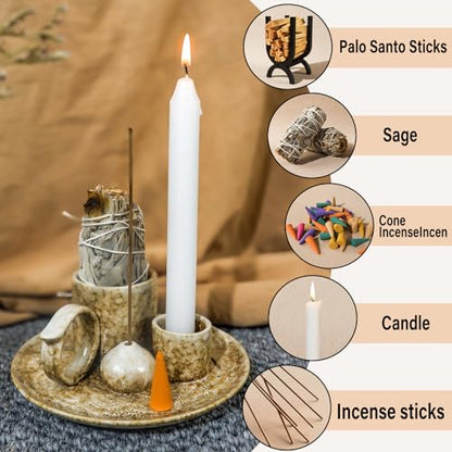 MOUGIGI 5.1Inch 5-in-1 Ceramic Smudge Bowl Brown - Incense Stick Holder, Small Candle Holder, Smudge Bowl/Dish, Fits Palo Santo, Sage.Zen Altar for Meditation/Yoga, Aromatic Scents, Easy to Clean - color: Multifunctional Palo Plate-brown