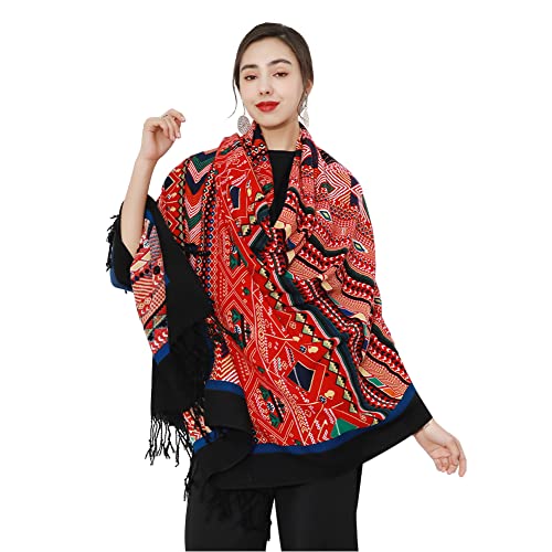 100% Merino Wool Pashmina Shawl for Women 96"x43", Oversized Cashmere Wrap with Tassels, Floral Travel Blanket Cape - color: Red Mixed Tribal Stripes
