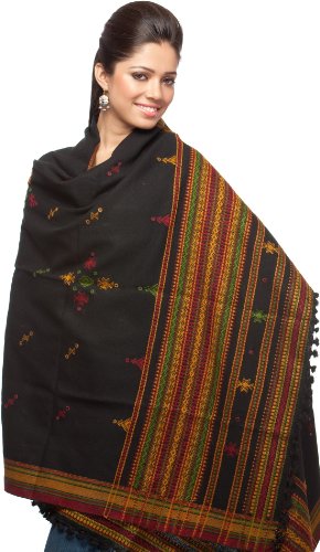 Exotic India Shawl from Kutch with Embroidered Bootis and Mirrors - Wool - color: Jet Black