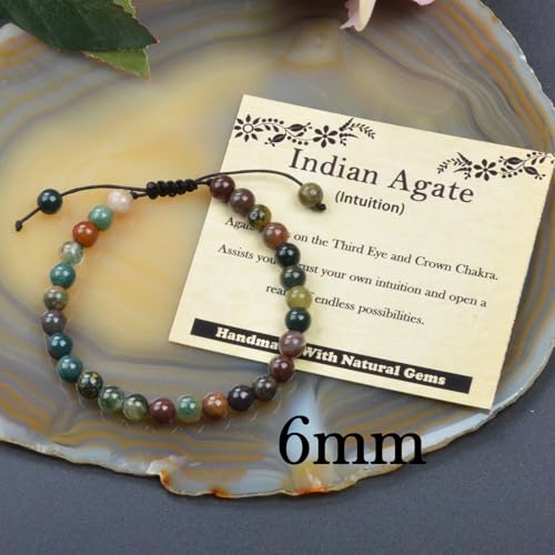 468Handmade Adjustable Natural Gemstone Crystal Bracelet Healing Power Energy Inspirational Gifts with Card for Unisex - color: 05-Indian Agate(Intuition), size: 6mm