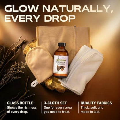 Dalileo Organic Castor Oil Pack Wrap Kit – 8oz Cold Pressed Oil with Abdominal & Neck Wraps + Flannel – Supports Relaxation, Comfort, Better Sleep & Everyday Self-Care – Reusable Organic Cotton Design