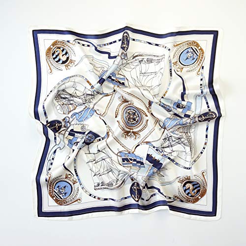 ANDANTINO 100% Pure Mulberry Silk Scarf 35" Large Square Lightweight Headscarf –Women’s Hair Wraps-With Gift Packed - color: Navy Blue&white