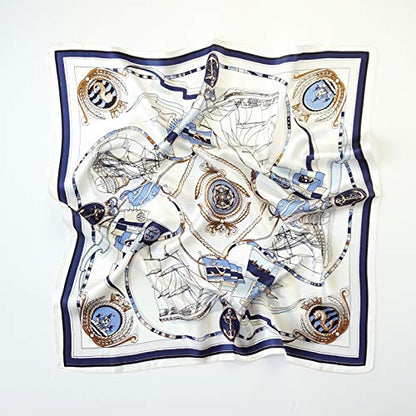 ANDANTINO 100% Pure Mulberry Silk Scarf 35" Large Square Lightweight Headscarf –Women’s Hair Wraps-With Gift Packed - color: Navy Blue&white