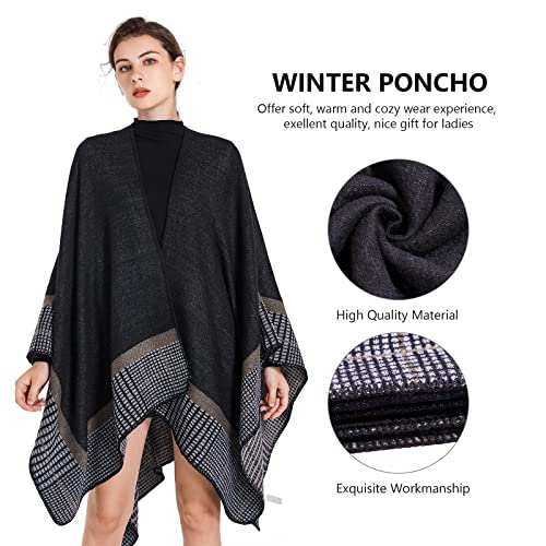 Shawl Wraps for Women, Elegant Knitted Cape Open Front Poncho Scarf Blanket Cardigan Coat for Spring, Autumn, and Winter - color: Black Gray Khaki