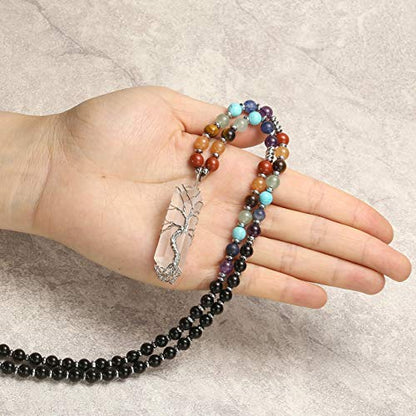 Jovivi Natural 7 Chakras Healing Crystals Necklace Wire Wrapped Clear Quartz Stone Pendant Healing Pointed Reiki Energy Balancing - color: Black Obsidian