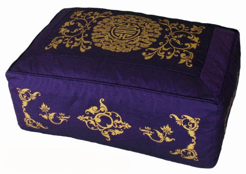 Meditation Cushion - Rectangular Zafu Buckwheat and Kapok Fill Longevity Celestial Vine Purple - color: Purplelogevityvine