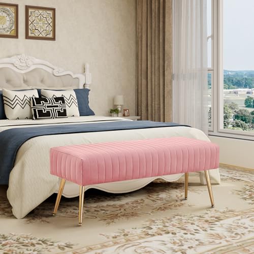 Furnimart 44 Inch Pink Velvet Ottoman Bench, Modern Upholstered Bedroom Benches Footrest Stool Indoor Bench for Entryway Living Room Bedroom Dining Room (Velvet-Pink) - color: Velvet-pink