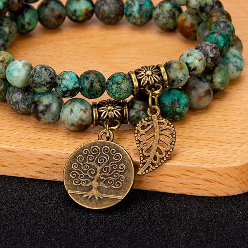 Bivei Natural Semi Precious Gemstone beads bracelet for women - Life Tree and Leaf Charm Energy Reiki Crystal Stretch Bracelets - color: African Turquoise Bracelet Set, size: Large:7.87-8.26inch