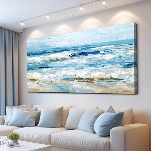 WLWBINTING Canvas Wall Art For Bedroom Wall Decor For Living Room Ocean Waves Painting Textured Canvas Prints Abstract Blue Sea Pictures Modern Office Home Decor Mural Artwork Ready To Hang 20"X40" - color: Abstract Sea Wave Painting, size: 40"L x 20"W