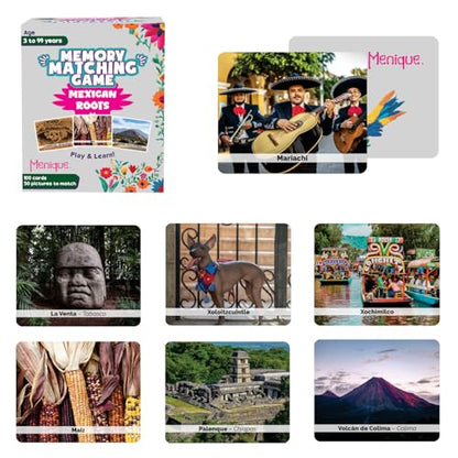 Menique – Mexican Roots Memory Game – Bilingual – 100 Cards (50 Pairs) with Real Photographs – Includes Booklets in English & Spanish – Cultural Matching Game for Kids & Adults - style: Mexican Roots