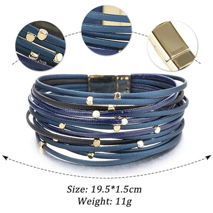 Fesciory Leopard Bracelet for Women, Boho Leather Wrap Multi-Layer Pearl Crystal Bracelet Bangle Jewelry - style: CubeBead(Navy)